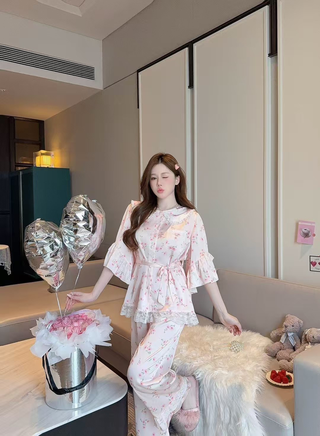 睡衣女春夏公主风娃娃领中袖新款碎花美少女长裤套装冰雪丝家居服