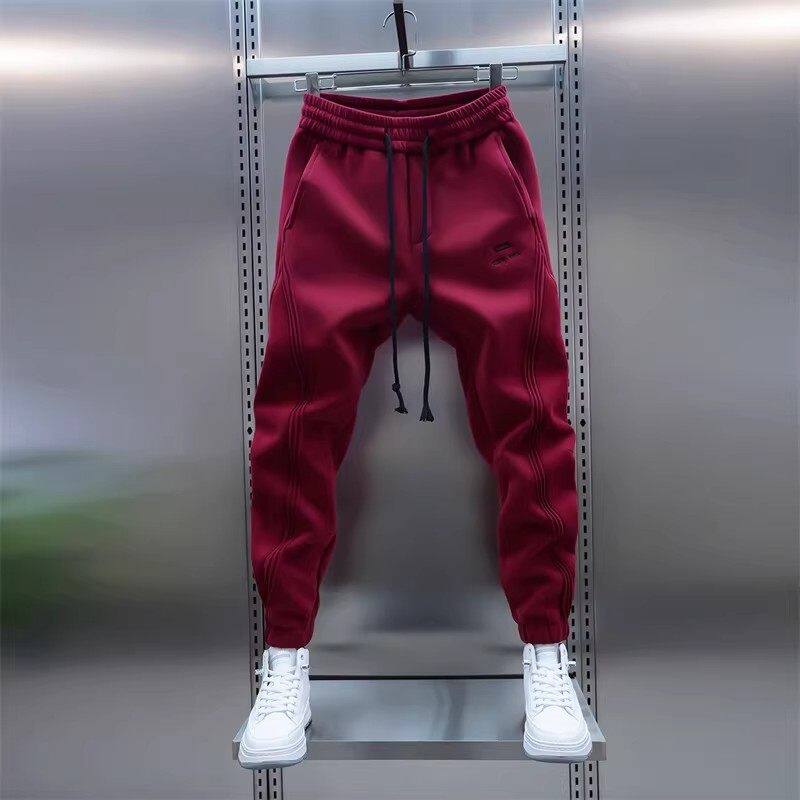 仓树一石潮牌加绒运动卫裤男士秋冬季拼接束脚休闲裤弹力小脚裤子