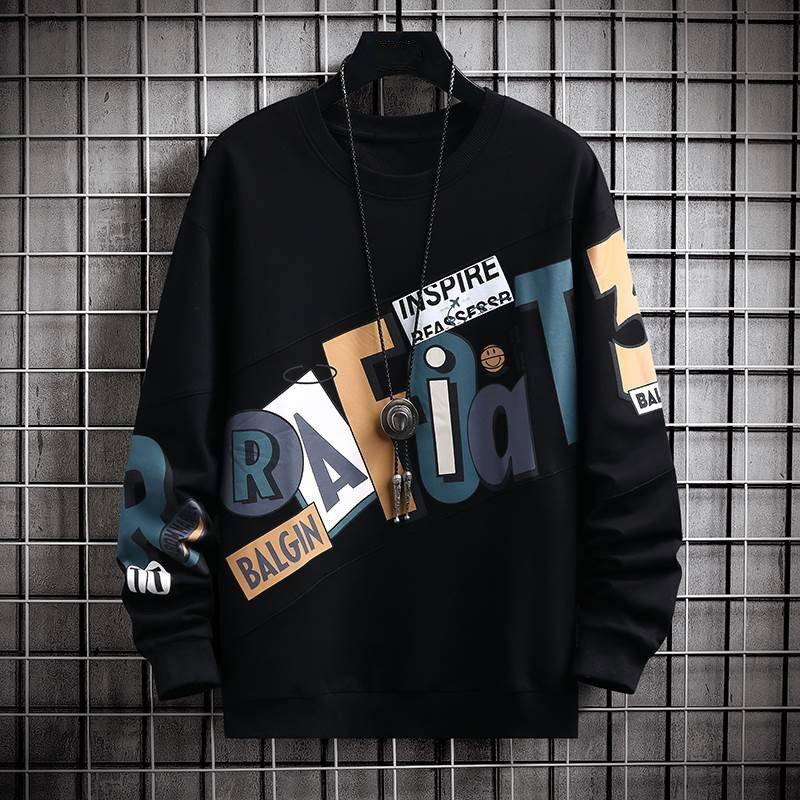 仓树一石潮牌圆领卫衣男款秋冬宽松无帽长袖T恤加绒上衣服打底衫