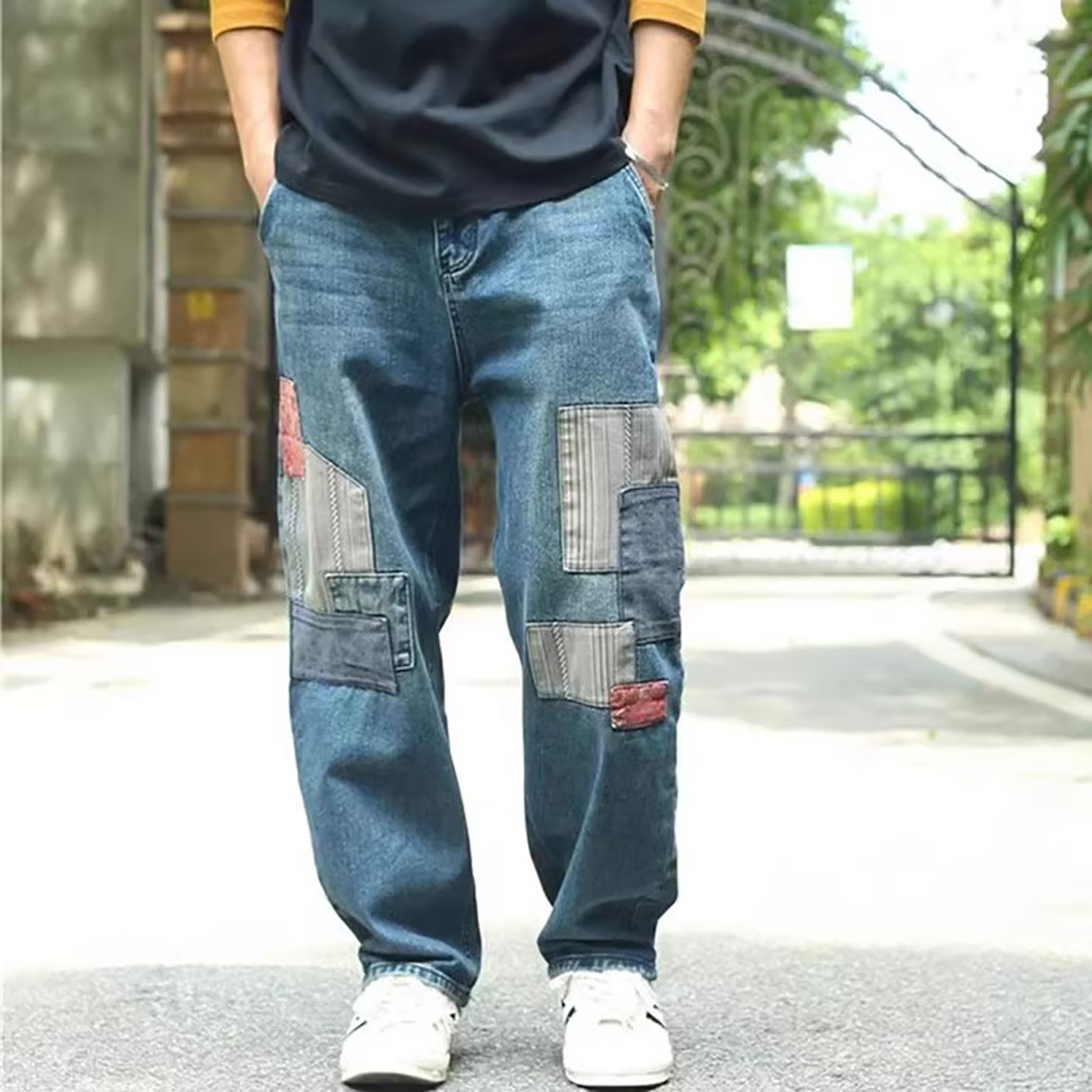 仓树一石潮牌春夏季美式复古补丁拼接牛仔裤男直筒宽松阔腿长裤