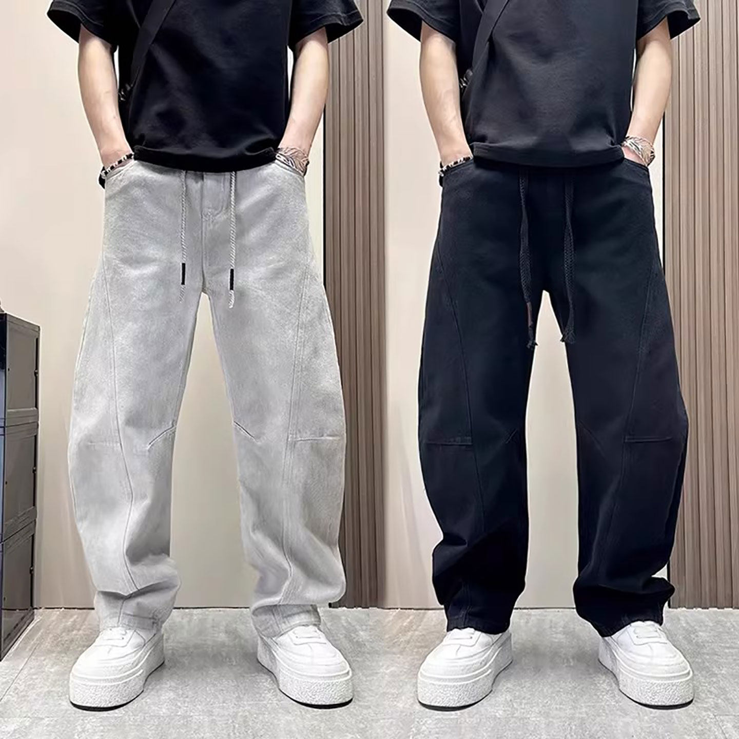 仓树一石美式高街圆月扎染弯刀牛仔裤男夏季宽松直筒阔腿镰刀裤子