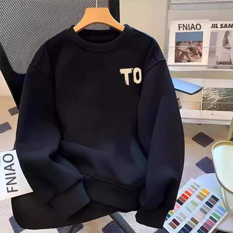 仓树一石潮牌美式字母重磅卫衣男士圆领秋冬季加绒宽松款长袖T恤