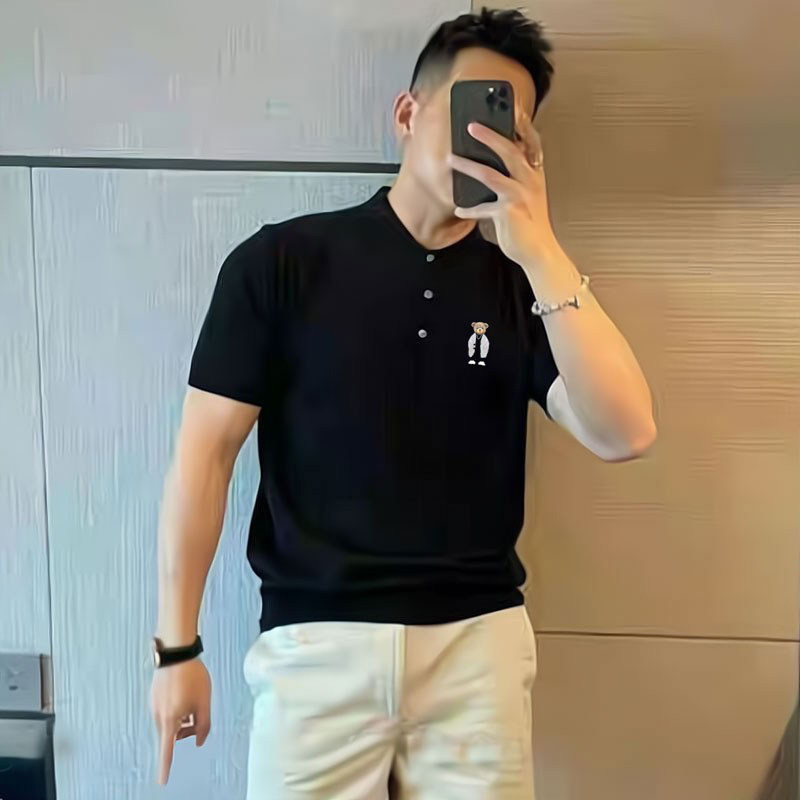 仓树一石小熊印花POLO衫短袖男2026夏季潮牌纯棉翻领休闲高端T恤
