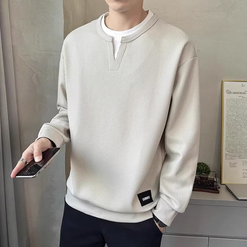 仓树一石男士卫衣春秋季2025新款薄款宽松圆领假两件长袖T恤装男