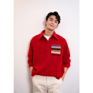仓树一石秋冬吴磊同款休闲红色POLO衫男士潮牌本命年宽松时尚毛衣