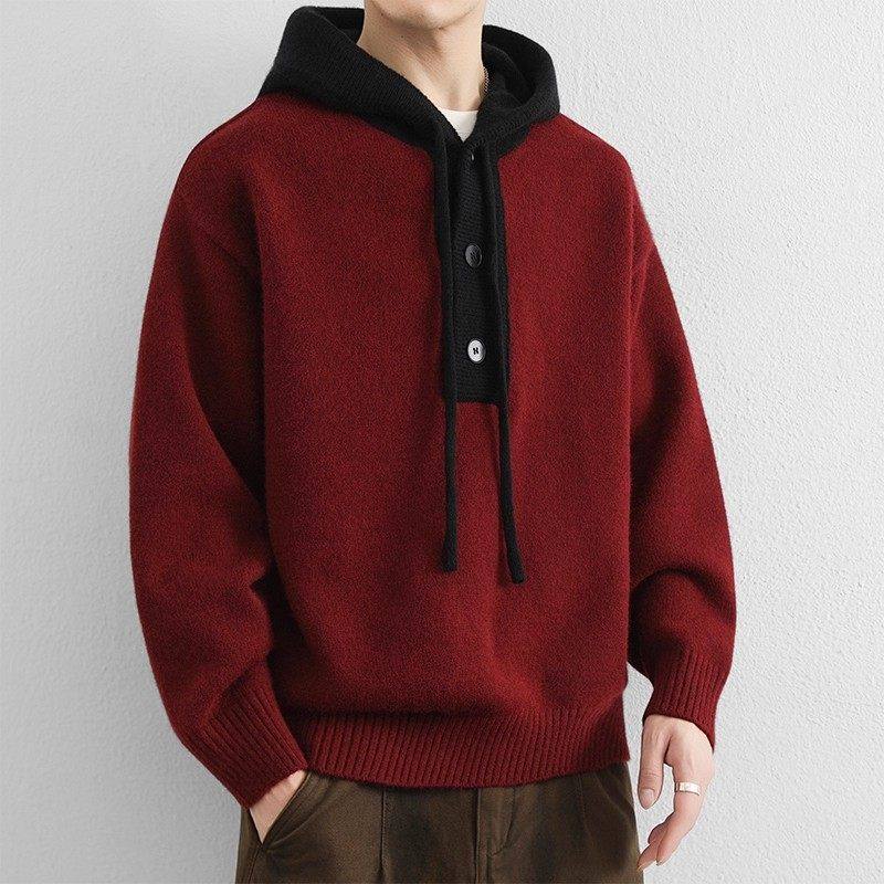 仓树一石潮牌新款本命年红色毛衣男简约设计感撞色连帽针织衫外套