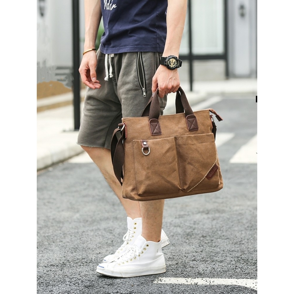 潮牌商务出差帆布手提包男士休闲单肩斜挎包男包多功能公文包背包