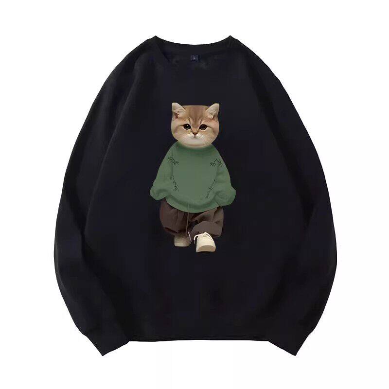 仓树一石秋冬季新款潮流猫咪印花圆领卫衣男宽松百搭加绒加厚上衣
