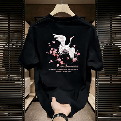 仓树一石潮牌纯棉短袖T恤男款夏季宽松休闲国潮仙鹤印花圆领上衣