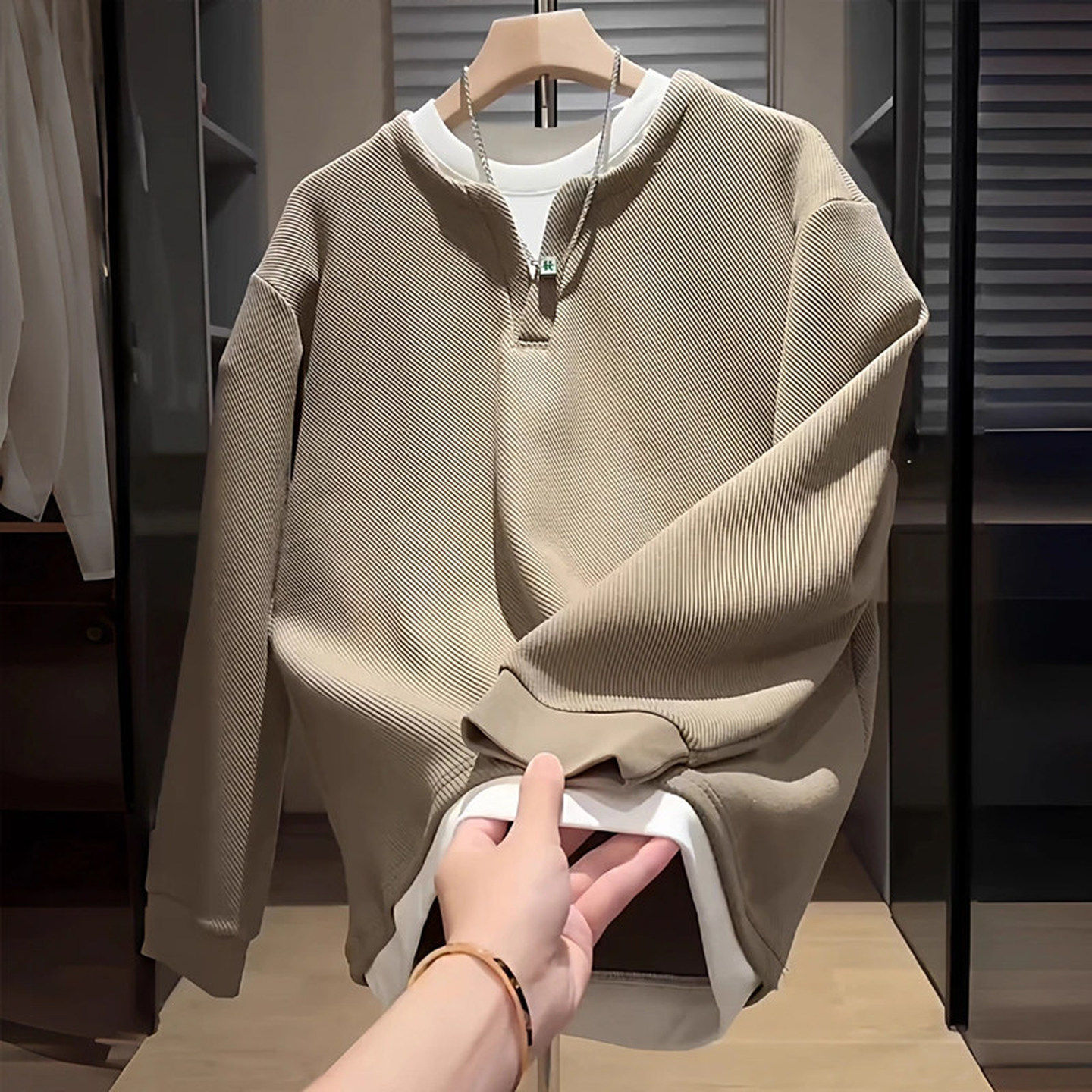 仓树一石潮牌假两件卫衣男士秋冬新款宽松高级感加绒圆领长袖外套