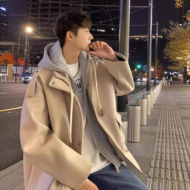仓树一石潮牌假两件毛呢外套男2025秋冬季韩版时尚痞帅连帽夹克服,男装,毛呢大衣,淘宝优惠券,粉丝福利购,淘宝优惠卷