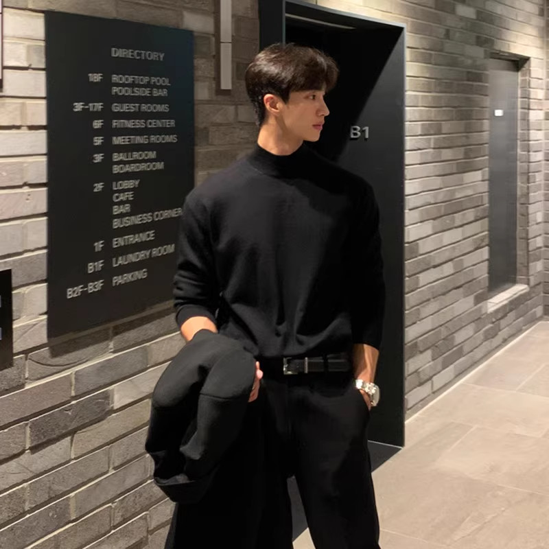 仓树一石韩版黑色半高领毛衣男士2026新款秋冬加绒内搭打底针织衫