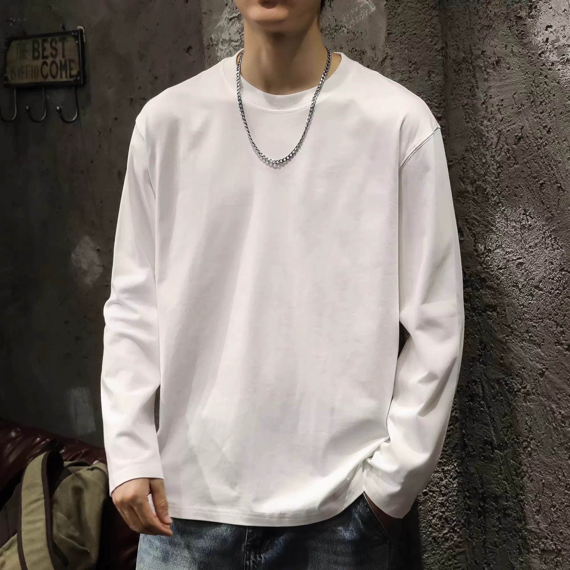 仓树一石重磅纯棉白色长袖T恤男春秋季打底衫内搭上衣男圆领卫衣
