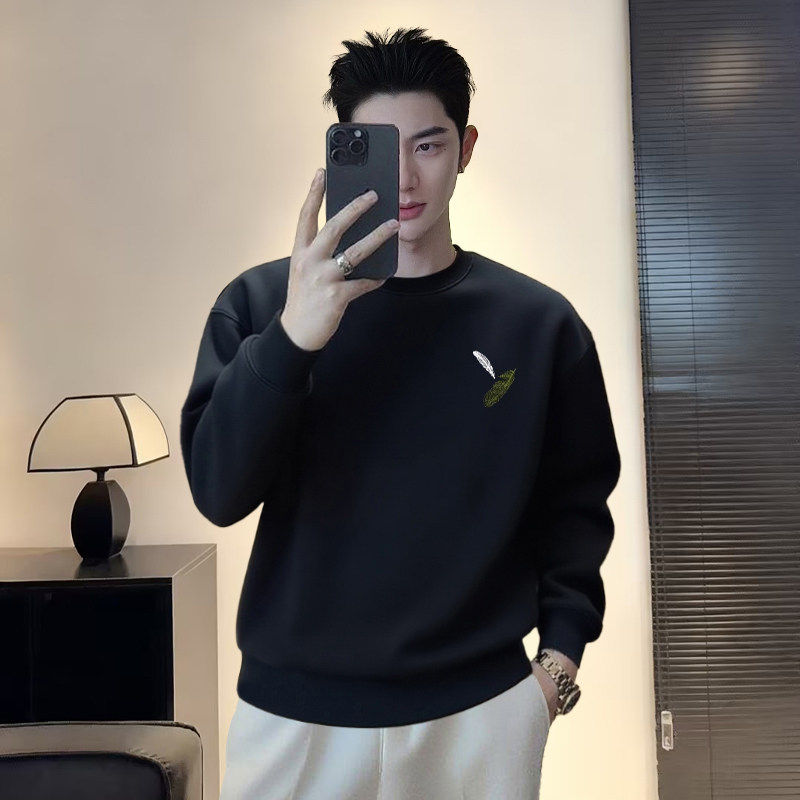 仓树一石潮牌高端黑色圆领卫衣男款秋冬宽松休闲纯棉加绒情侣上衣