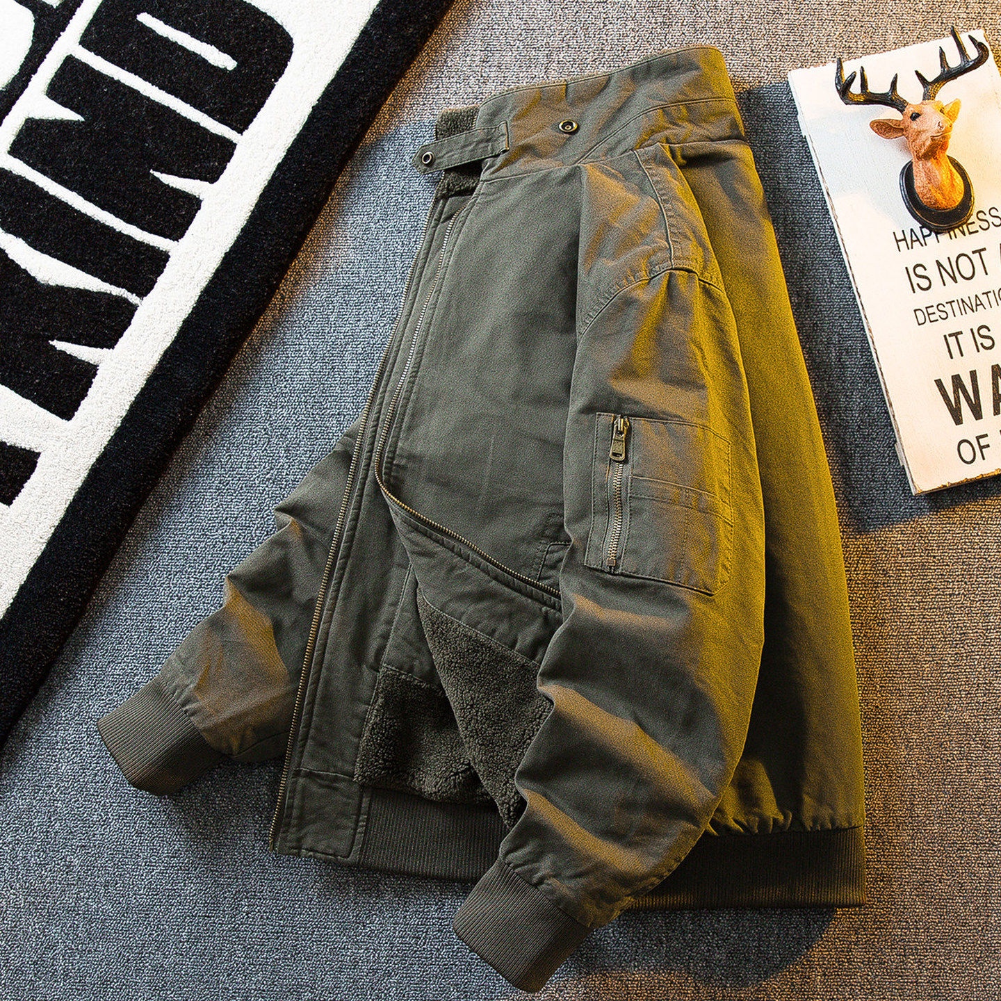 仓树一石羊羔绒立领工装飞行员夹克男秋冬季加绒加厚棉衣棉服外套