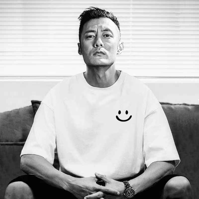仓树一石潮牌夏季短袖t恤男士ins重磅笑脸印花白色纯棉情侣装上衣
