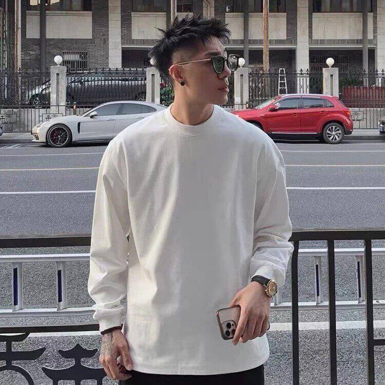 仓树一石潮牌纯色长袖T恤男士秋冬季打底衫宽松大码重磅纯棉上衣