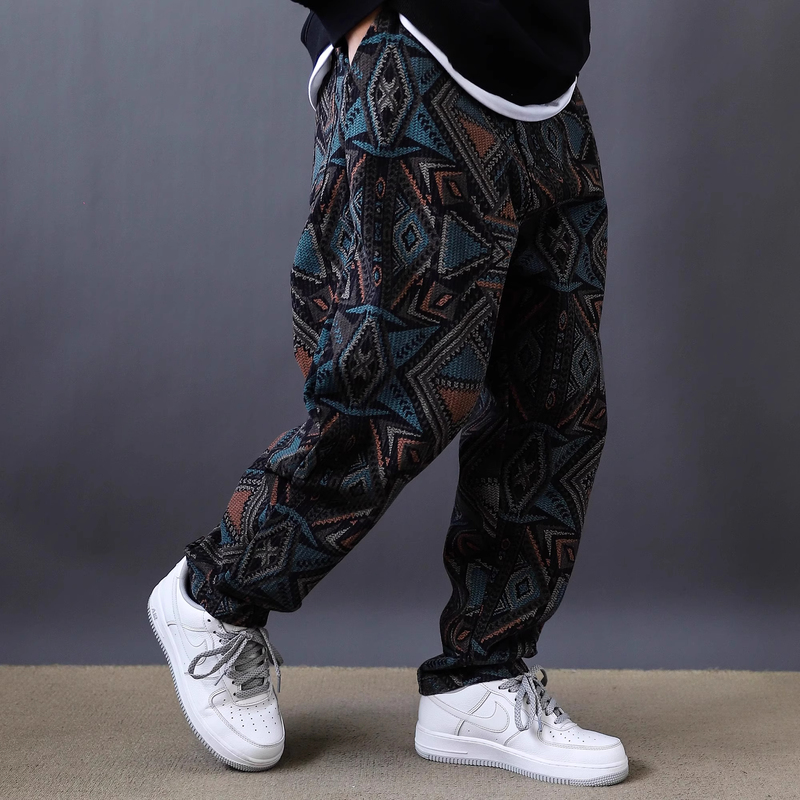 仓树一石2025重磅盎司民族风印花休闲裤男宽松直筒长裤街头牛仔裤