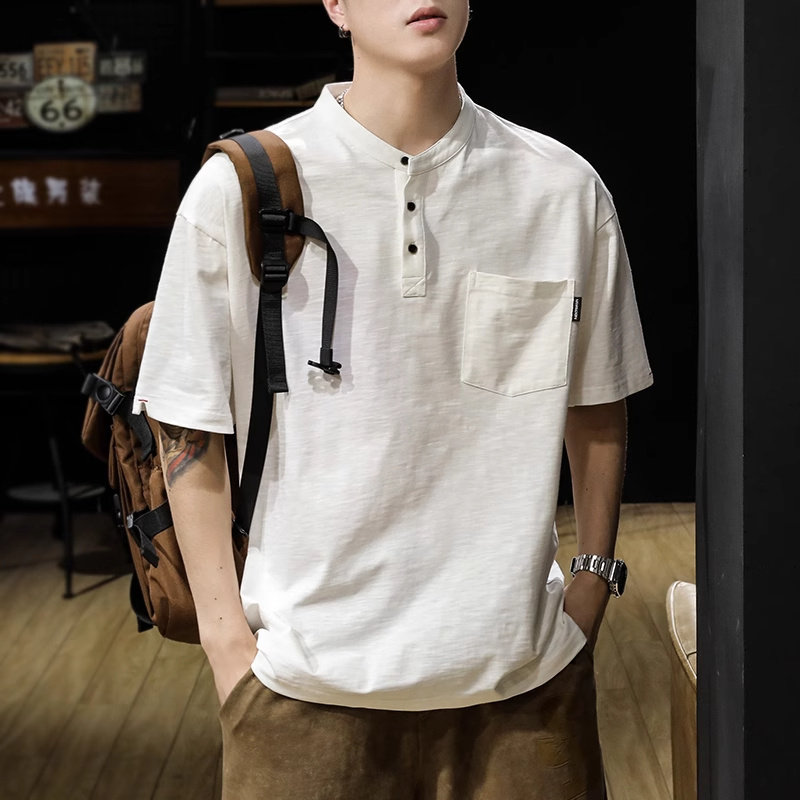 仓树一石潮牌白色POLO衫男士短袖夏季新款宽松美式亨利领T恤上衣