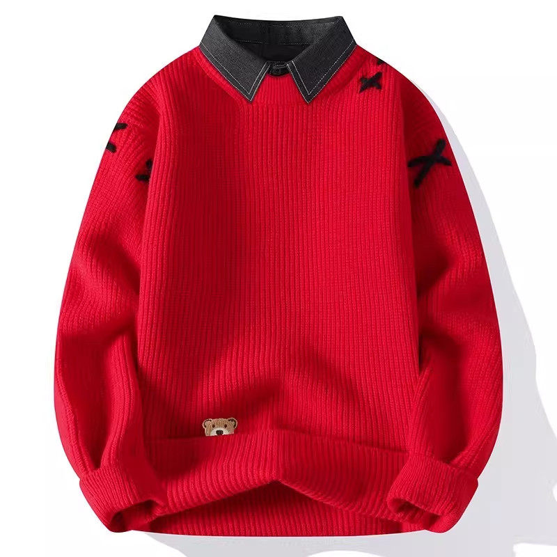 仓树一石衬衫领假两件毛衣男式冬季红色本命年宽松针织衫休闲上衣