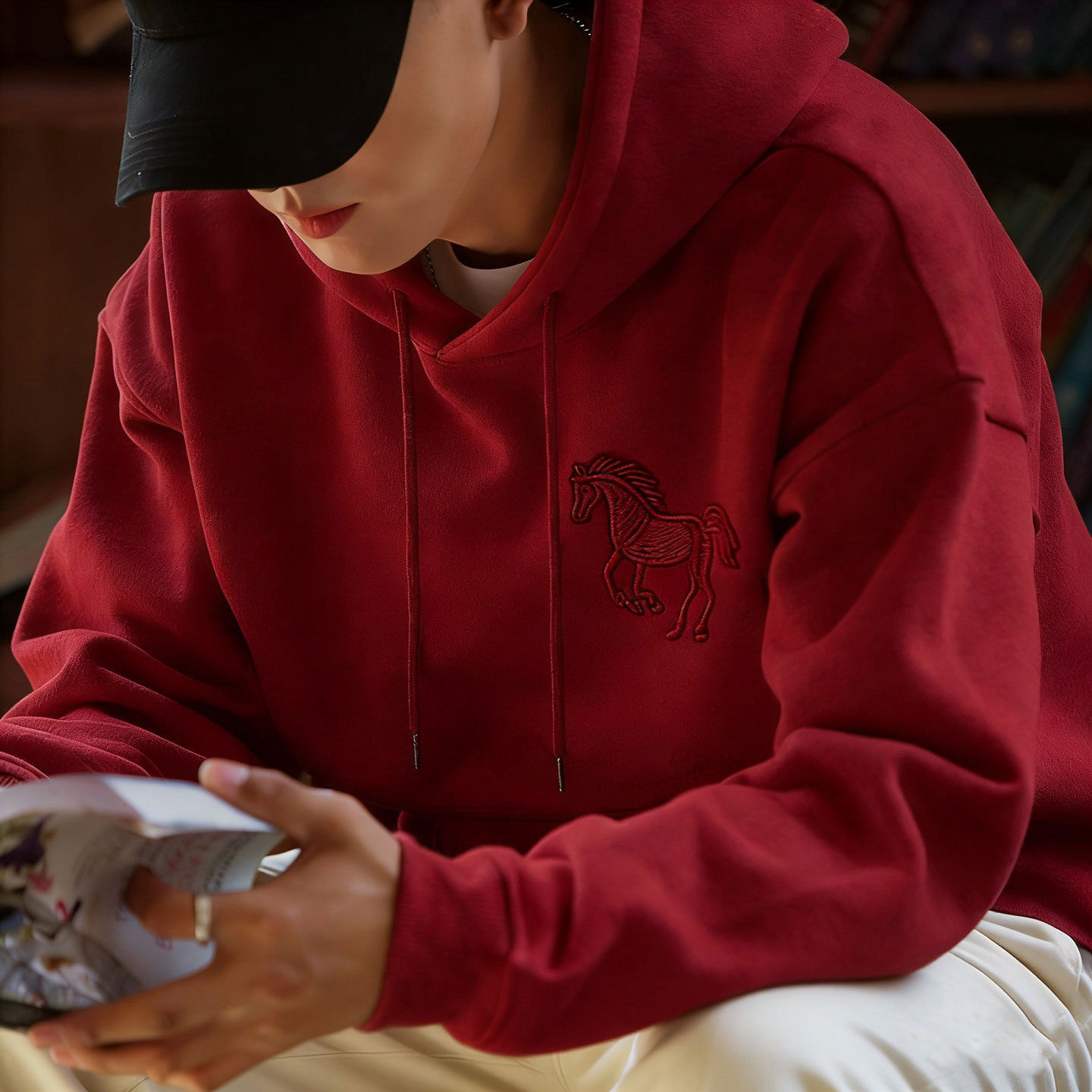 仓树一石潮牌马年本命年连帽卫衣男秋冬款加绒酒红色情侣刺绣衣服