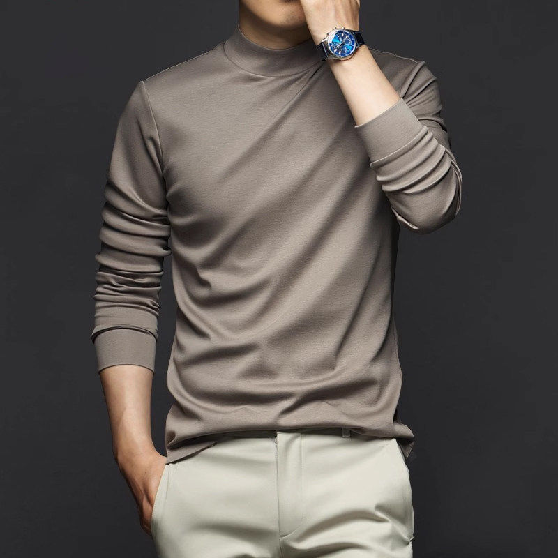 仓树一石长袖T恤男2025春秋季半高领丝光棉修身打底衫休闲上衣男