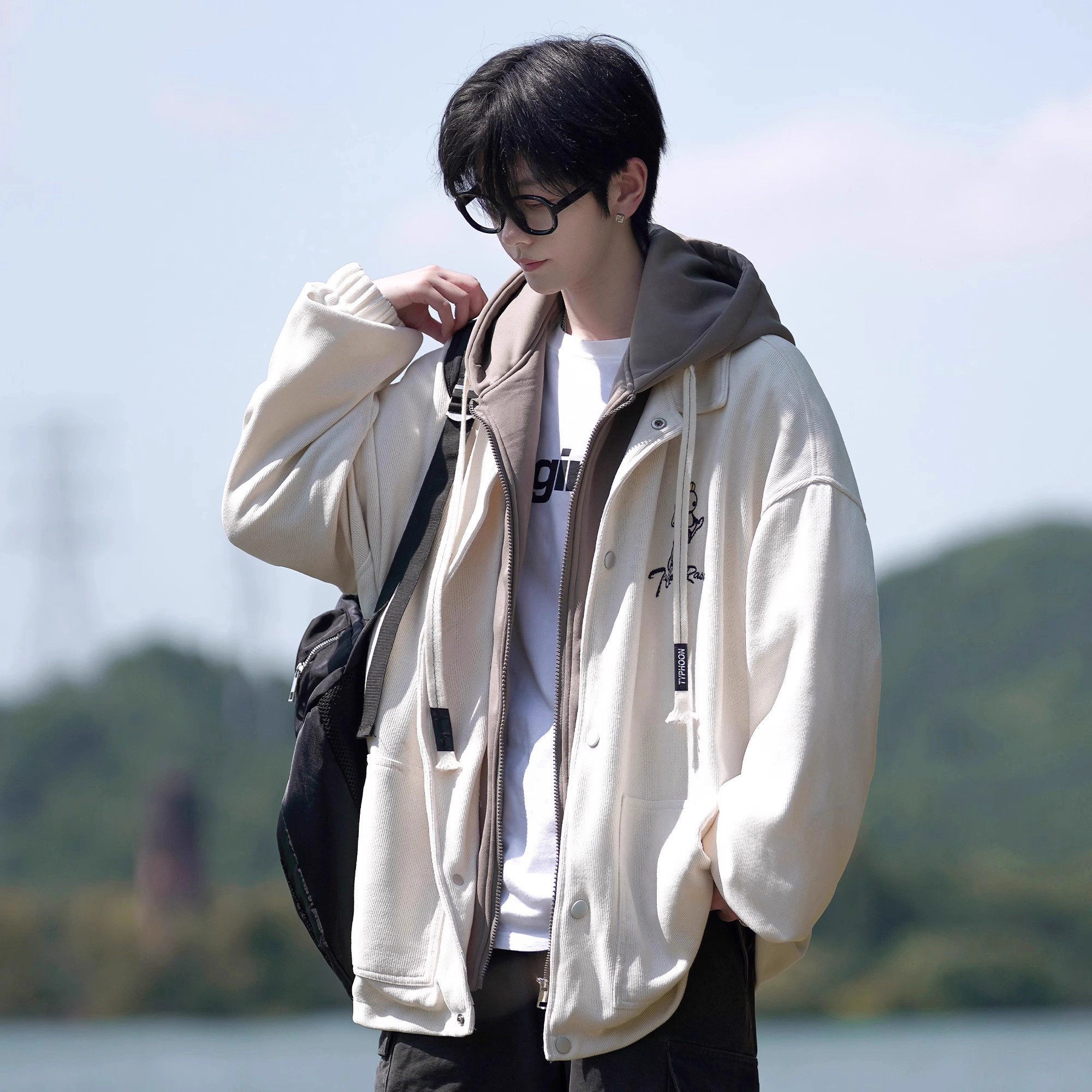 仓树一石潮牌秋冬新款日系假两件连帽夹克外套男士宽松休闲棒球服
