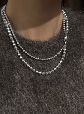 时尚种草机~fever同款双层珍珠颈链麻灰色玻璃项链不锈钢元宝扣