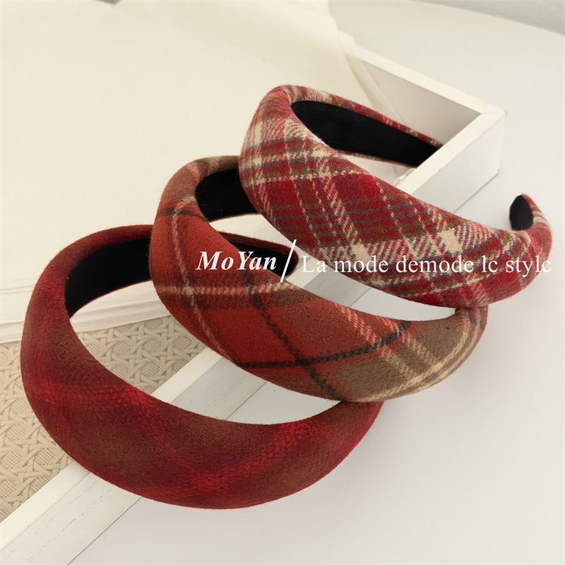 圣诞新年红色系海绵发箍高颅顶高级感头箍女新款宽版外出格纹发卡