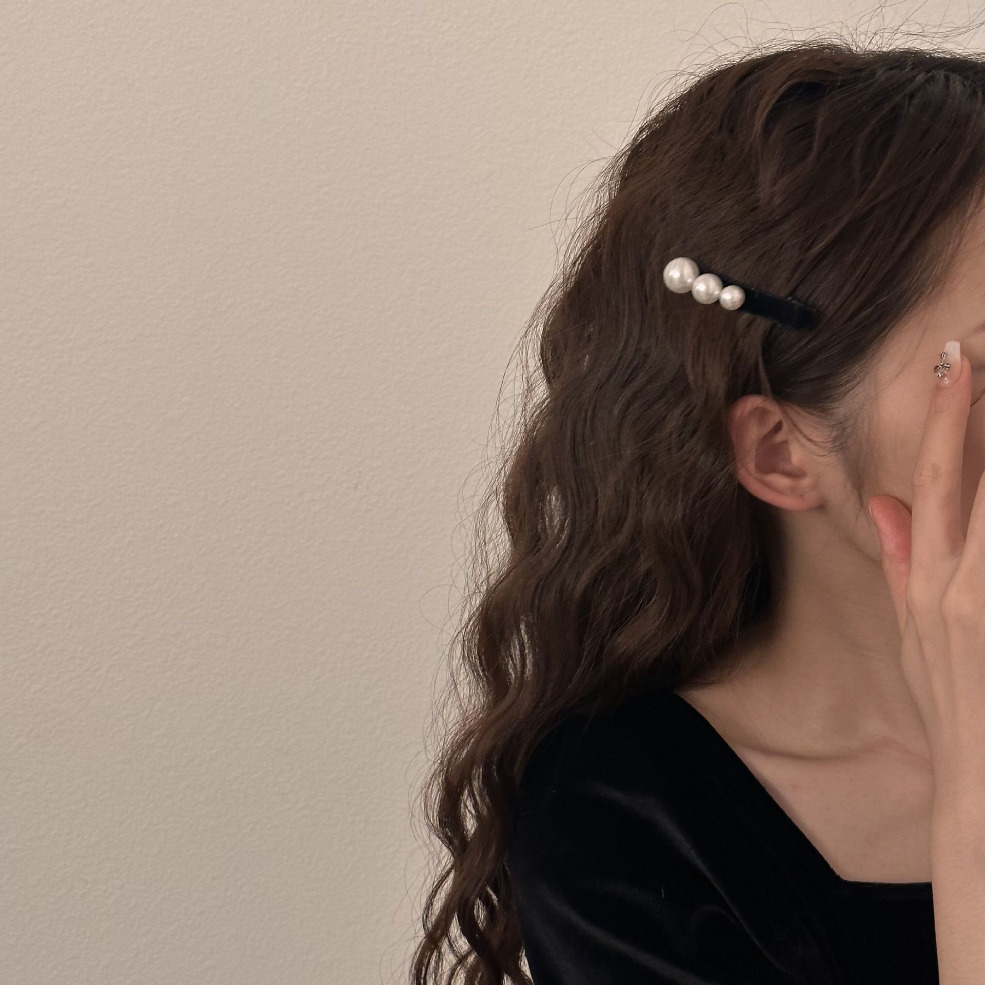 复古珍珠丝绒发夹小众侧边夹子