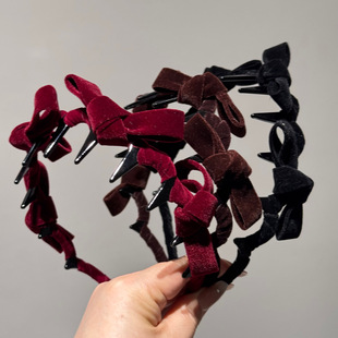 红色丝绒打结蝴蝶结高颅顶发箍女波浪带齿防滑头箍高级感发饰头饰