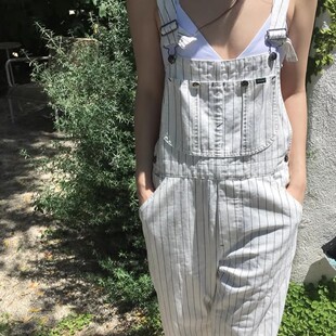 thebarn*et韩国八奶复古工装背带裤女条纹显瘦直筒阔腿连体长裤