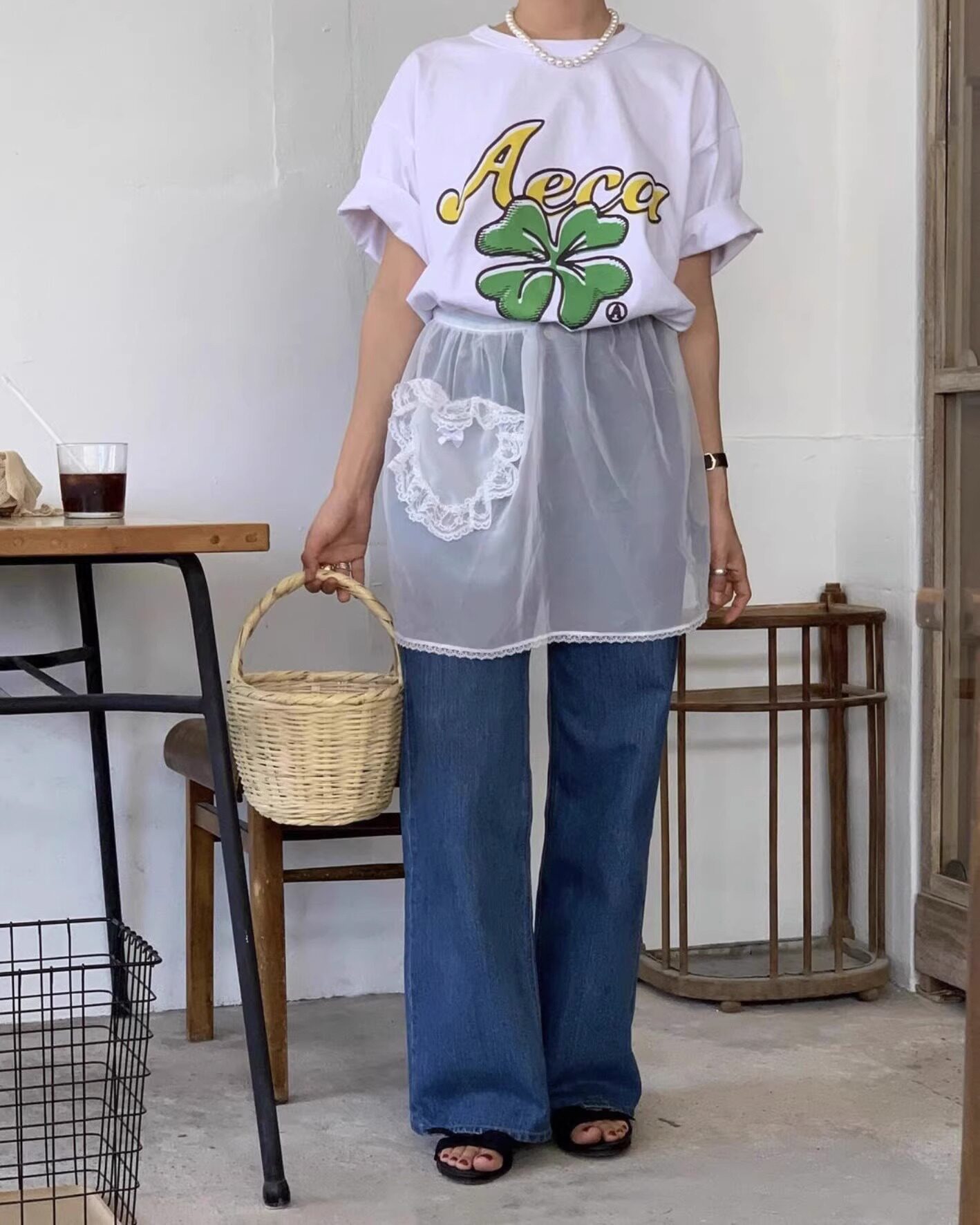 现货欧根纱蝴蝶结珍珠爱心缎带褶边围裙系带网纱半身裙女