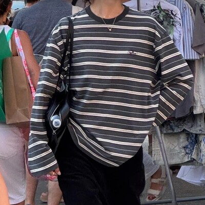 韩国ins条纹长袖T恤女宽松圆领