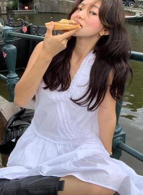 现货韩国V领花边白色抽皱fever收腰连衣裙无袖中长裙子女