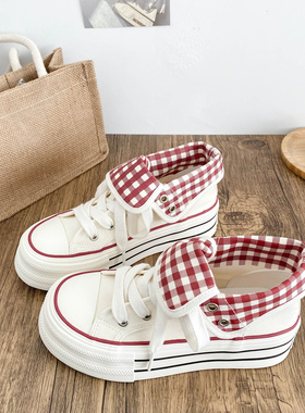 小众设计格纹高帮翻盖帆布鞋女2026春秋爆款厚底休闲透气百搭板鞋