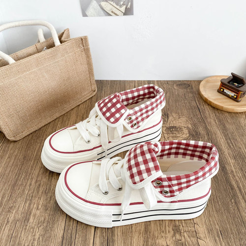 小众设计格纹高帮翻盖帆布鞋女鞋