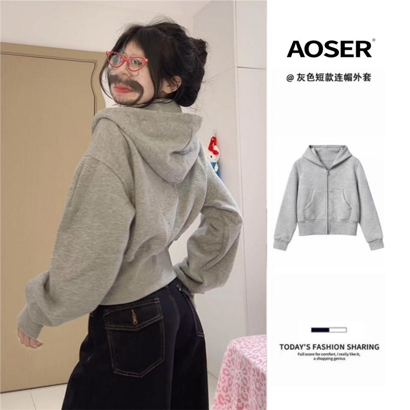 春季外套灰色短款卫衣女款2026新款春装韩系修身收腰连帽上衣穿搭