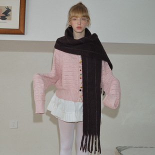 瑞典设计师款 黑棕色氛围感围脖 25%羊毛混纺竖条纹中性围巾女冬季