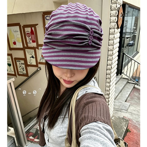 韩系古早氛围感针织条纹头巾帽手工纽扣褶皱系带时髦平檐鸭舌帽子