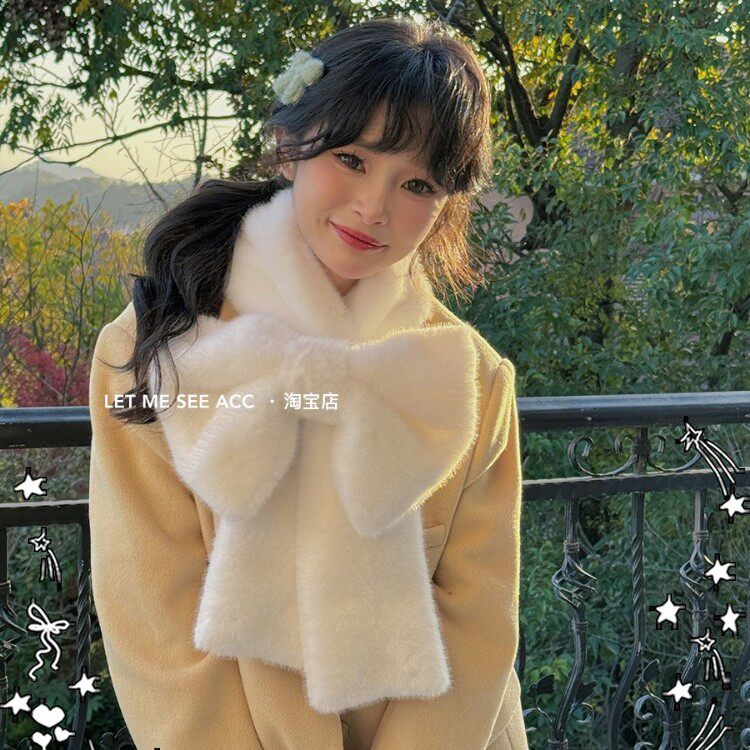 日系少女大蝴蝶结加厚围脖女可爱甜美纯色秋冬季百搭围巾保暖围套