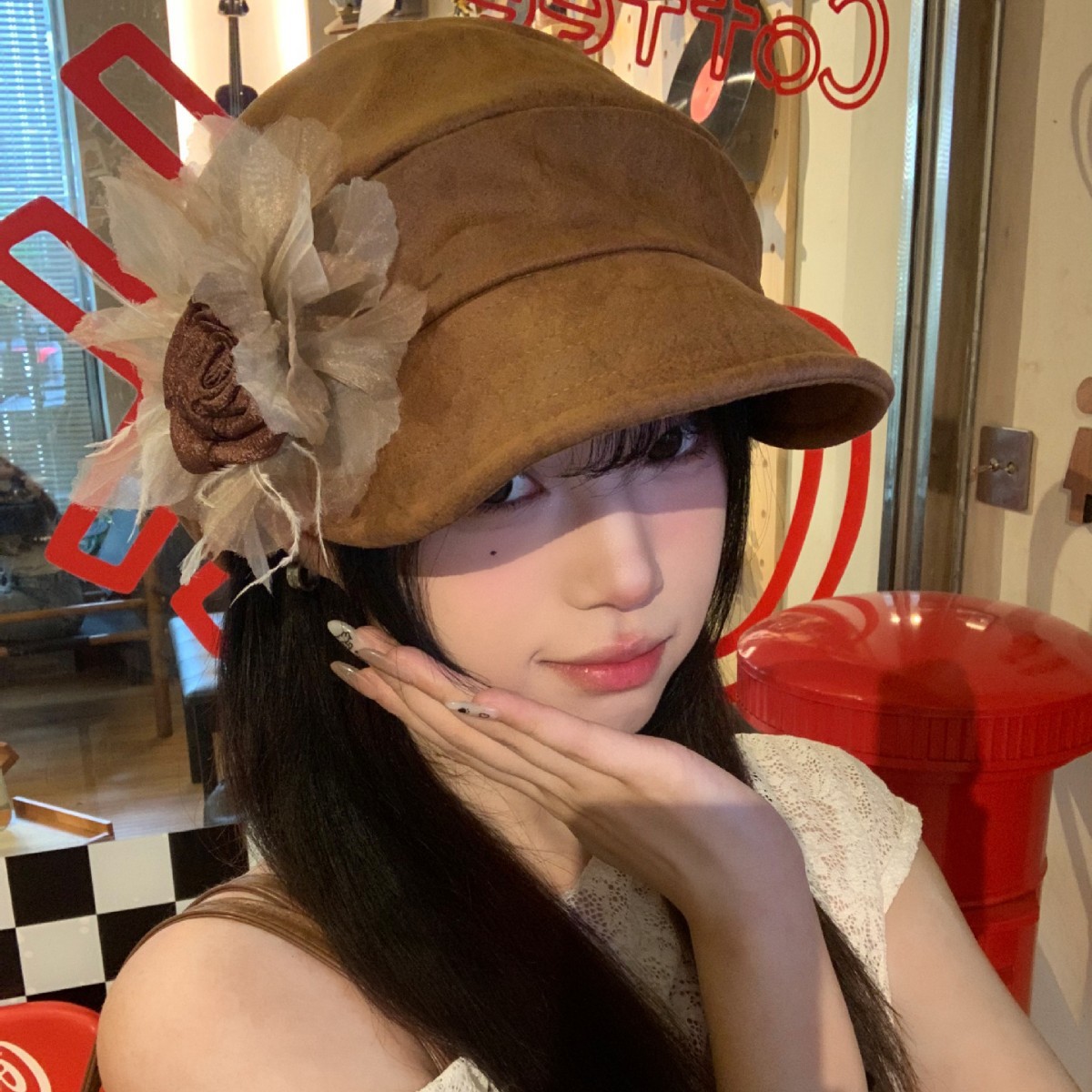 复古小众花朵褶皱贝雷帽女秋天美拉德风云朵帽子文艺百搭八角帽潮