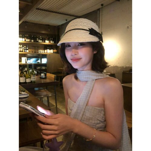 法式小香风蝴蝶结镂空编织马术帽女春夏时髦气质优雅遮阳防晒帽子