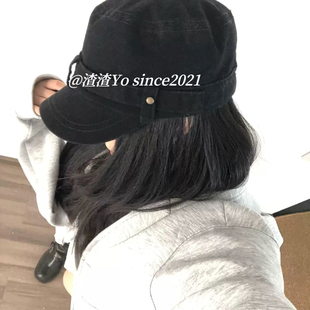 渣渣Yo韩系早秋黑色鸭舌帽女复古做旧铆钉平顶帽女画家帽百搭大头