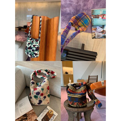 deepv vcruan 彩色格纹羊羔毛水桶包女复古秋冬休闲大容量斜挎包