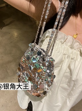 亮片闪银链条包！吸睛水桶包新款腋下包buling闪