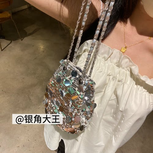 亮片闪银链条包！吸睛水桶包新款腋下包buling闪