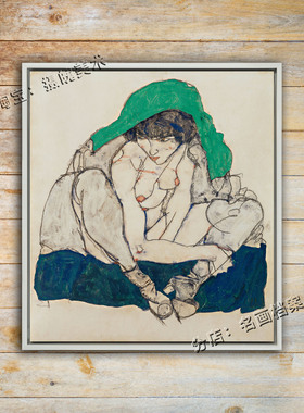 披绿头巾的女人 Crouching Woman Green Headscarf 席勒人体油画