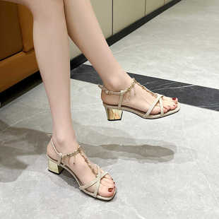 2024新款 女款 外穿气质高跟鞋 夏季 子 金色夏天法式 百搭粗跟鞋 小凉鞋