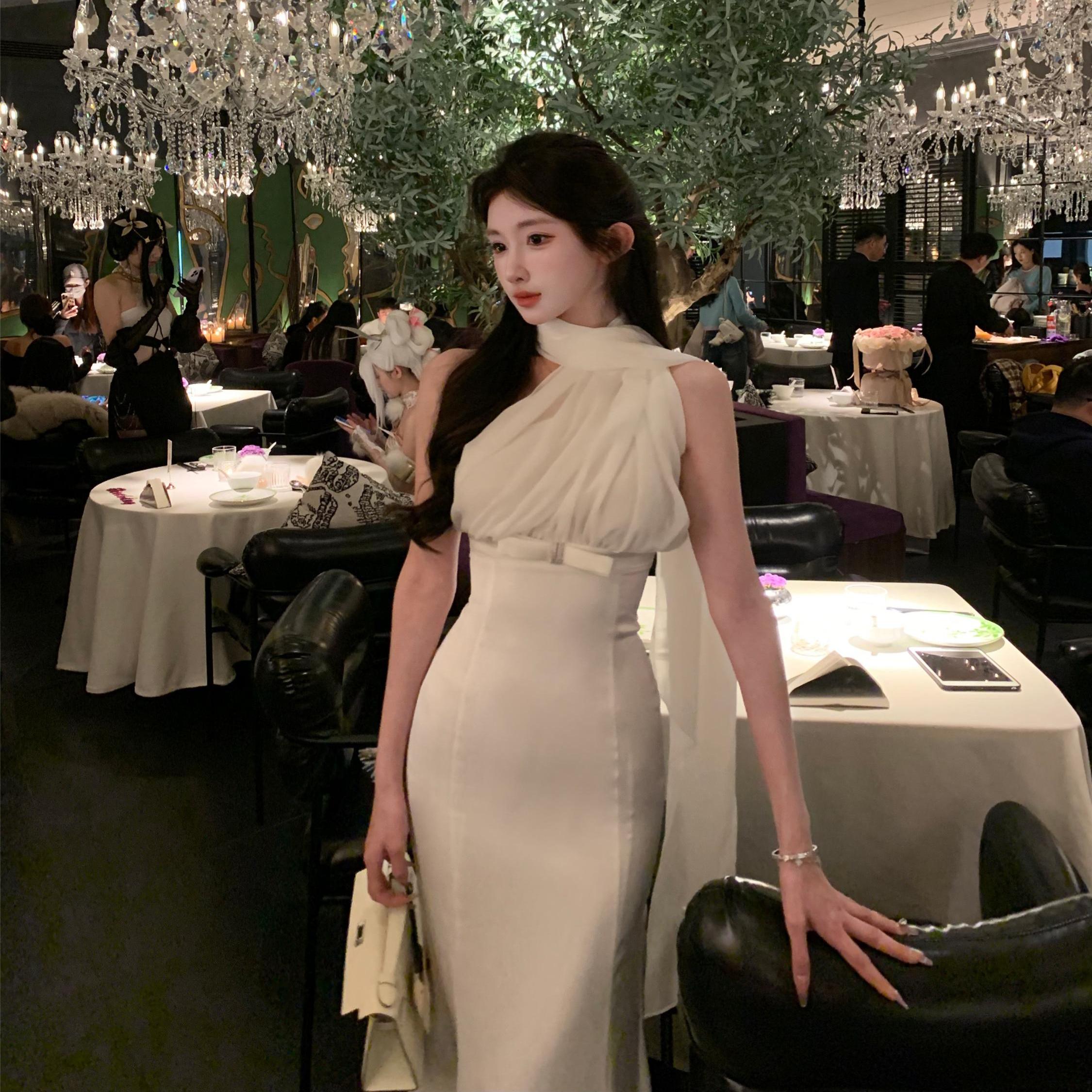 名媛小礼服奢光醋酸雪纺拼接飘带钻扣连衣裙长裙